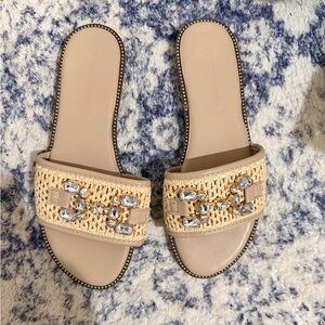Beige Embellished Slide Sandals